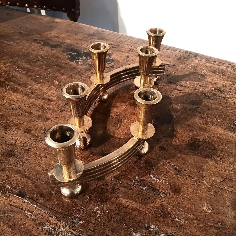 Pair of Vintage Dirilyte Model 915 Curved Brass Candelabras Art Deco MCM Gold